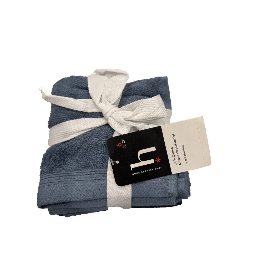New Home Expressions Blue Navy Cotton Wash Cloths Set of 6